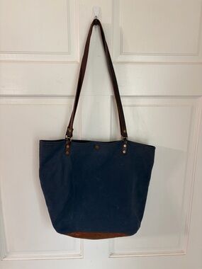 In Blue Handmade Navy Blue Waxed Canvas Brown  Leather Tote Bag